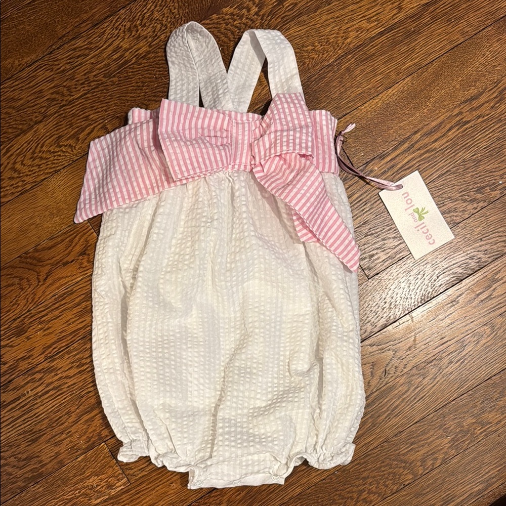 Cecil & Lou Girls Seersucker White and Pink Romper